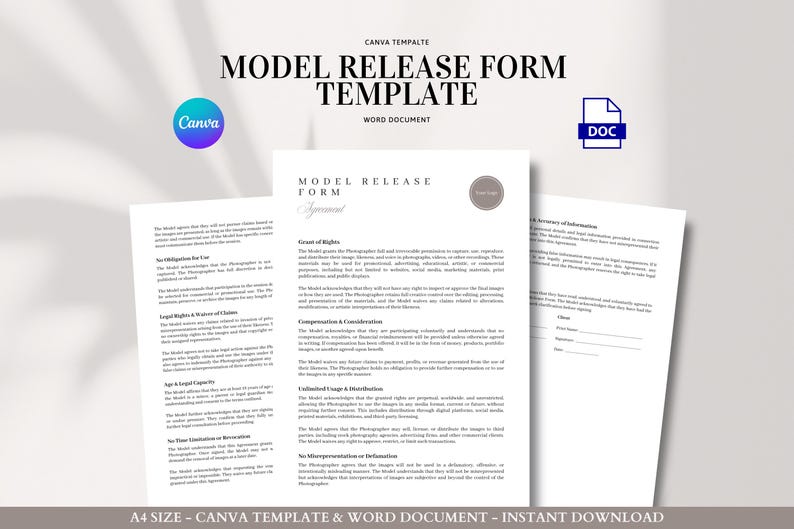 Model Release Form Template Editable Photography Consent and Usage Agreement for Commercial, Portrait, and Content Creators image 1