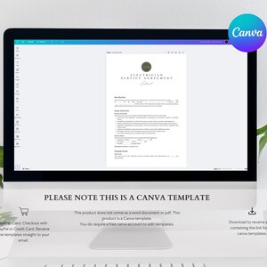 K&ouml;nnte beinhalten: Ein Laptop-Bildschirm zeigt eine Canva-Vorlage f&uuml;r einen Elektriker-Servicevertrag. Die Vorlage hat ein Schwarzwei&szlig;-Design mit einem einfachen Logo und Text, der "Electrician Service Agreement" lautet. Der Text "PLEASE NOTE THIS IS A CANVA TEMPLATE" wird unterhalb des Laptop-Bildschirms angezeigt.