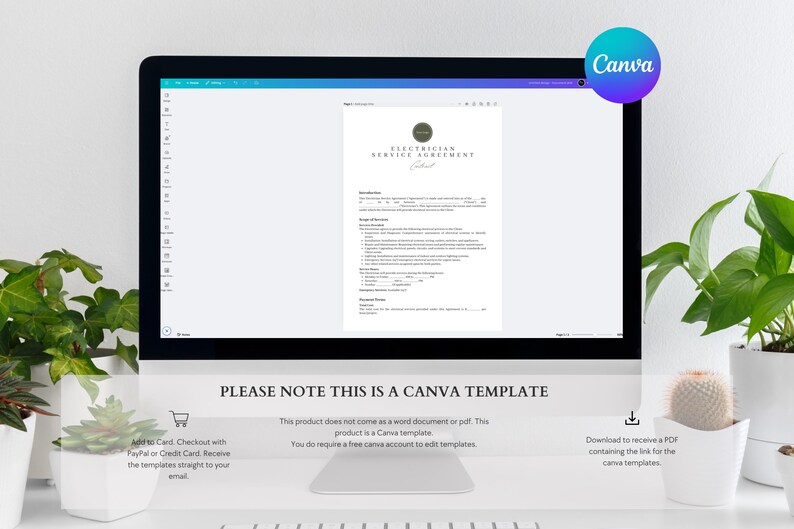 K&ouml;nnte beinhalten: Ein Laptop-Bildschirm zeigt eine Canva-Vorlage f&uuml;r einen Elektriker-Servicevertrag. Die Vorlage hat ein Schwarzwei&szlig;-Design mit einem einfachen Logo und Text, der "Electrician Service Agreement" lautet. Der Text "PLEASE NOTE THIS IS A CANVA TEMPLATE" wird unterhalb des Laptop-Bildschirms angezeigt.