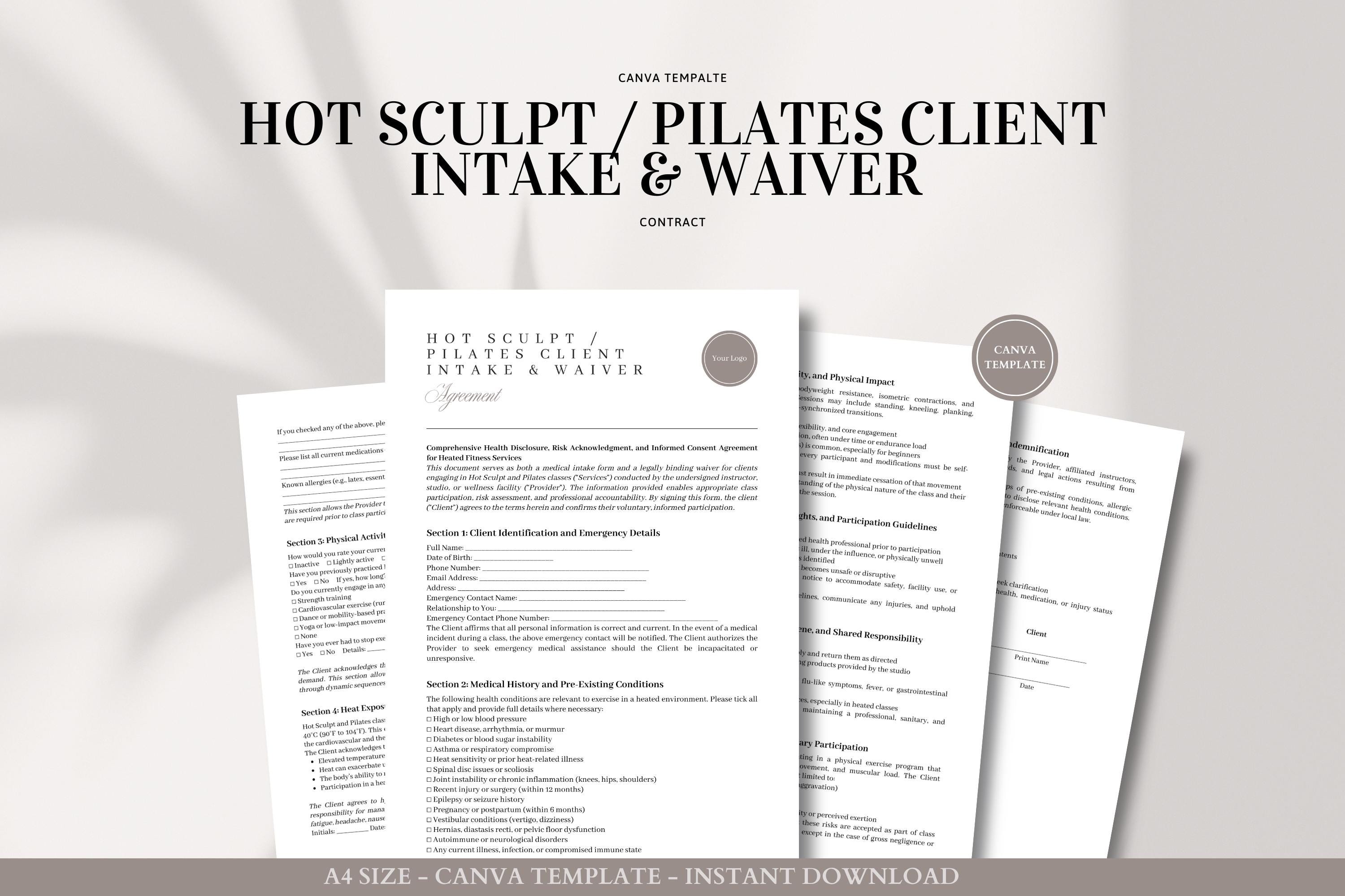 Hot Sculpt / Pilates Client Intake and Liability Waiver | Editable Fitness Consent Form for Heated Studio Classes | Canva Template