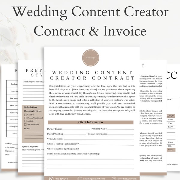 Wedding Content Creator Contract Template, Editable Social Media Services Agreement, Editable Canva, Digital Media & Video Content Planner