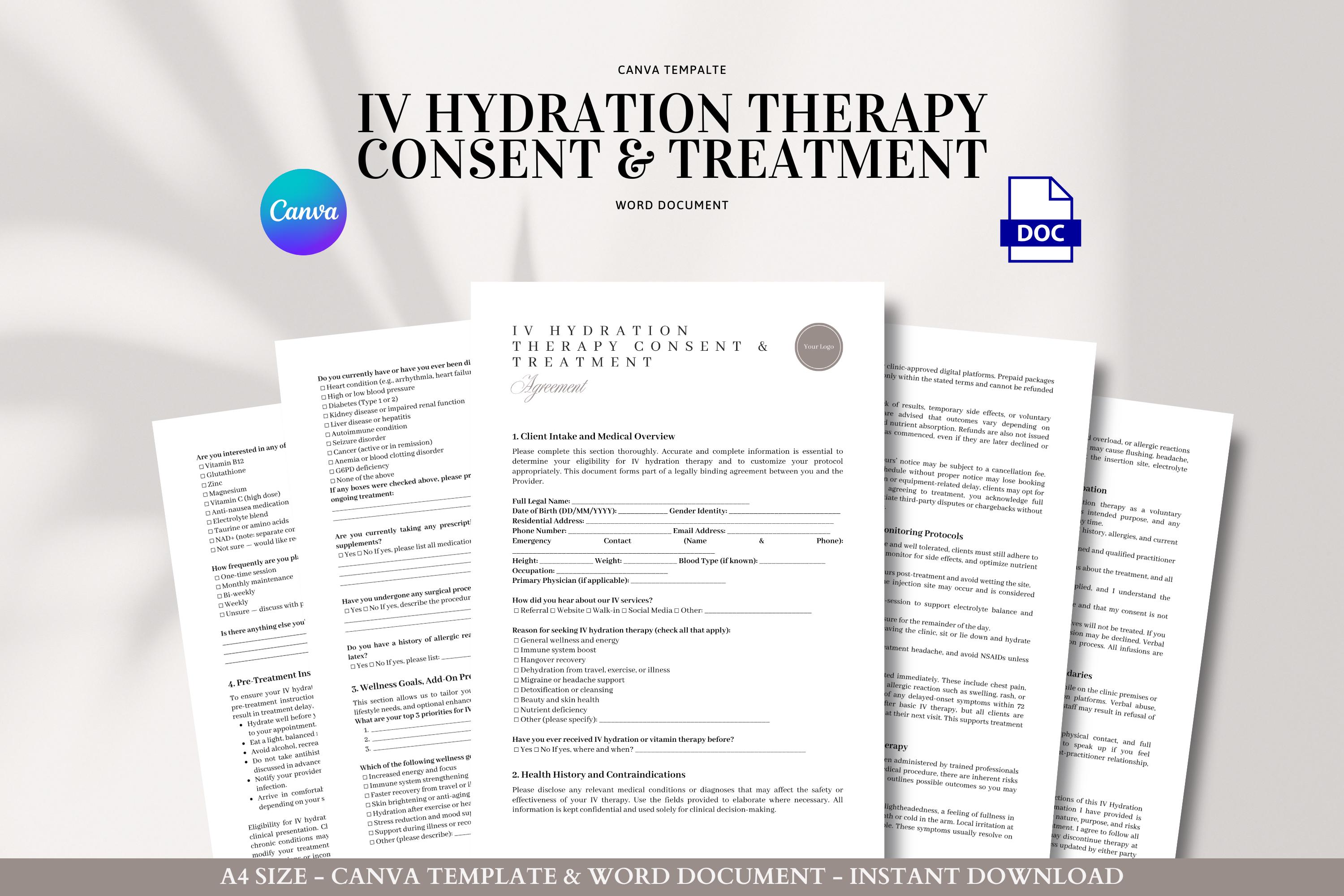 Iv Consent Form IV Hydration Therapy Consent Form Editable Treatment Agreement for ...