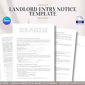 May include: A stack of white paper documents with the text "LANDLORD ENTRY NOTICE TEMPLATE" and "NOTICE OF INTENT TO ENTER PREMISES AND CONDUCT INSPECTION". The documents are on a light background with a Canva logo and a DOC icon.