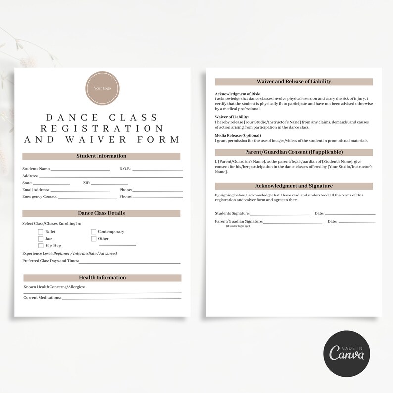 Dance Class Registration and Waiver Form Template Customizable Canva
