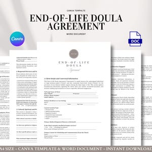 Plantilla de acuerdo de doula de fin de vida para servicios de apoyo no médico, trabajo de legado y planificación de vigilias, editable en Canva y Word.