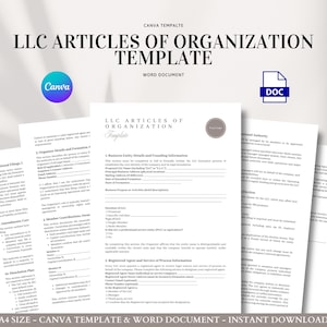 May include: A template for LLC Articles of Organization, a Word document, with the text "LLC ARTICLES OF ORGANIZATION TEMPLATE". The image includes the Canva logo and a DOC icon. The document is A4 size.