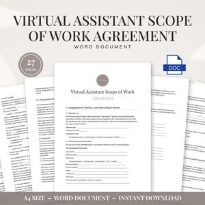 Plantilla editable de acuerdo de alcance del trabajo para asistente virtual / Entregables, niveles de servicio, condiciones de pago, confidencialidad y rescisión.