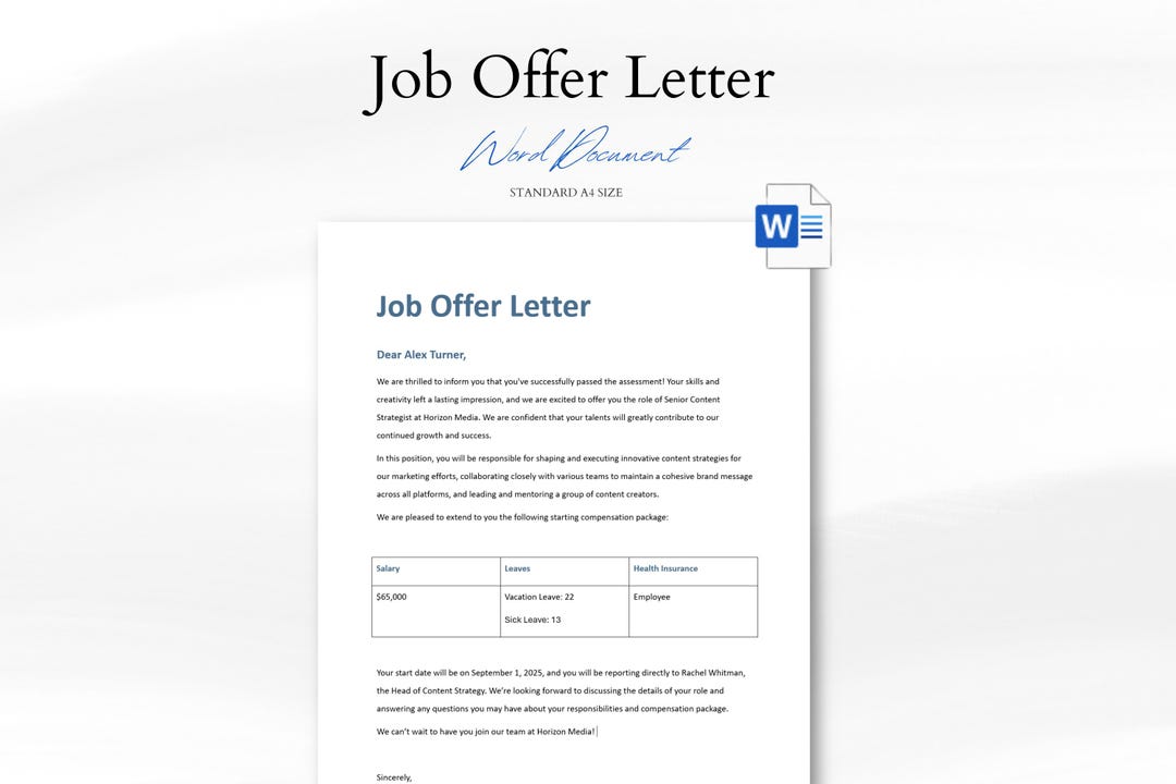 Job Offer Letter Template Editable in Word Professional Employment ...