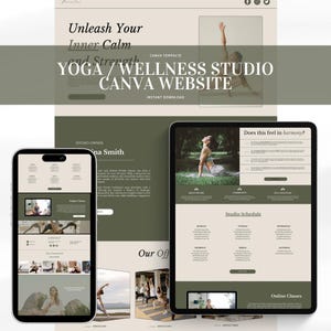 May include: A Canva template for a yoga and wellness studio website. The template features a green and beige colour scheme with images of people practicing yoga. The text "Unleash Your Inner Calm and Strength" is displayed at the top of the page. The text "YOGA/WELLNESS STUDIO CANVA WEBSITE" is displayed in a larger font size below the first line of text. The text "INSTANT DOWNLOAD" is displayed in a smaller font size below the second line of text. The template includes sections for studio owner information, online classes, and a studio schedule.