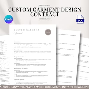 Custom Garment Design Contract Editable Sewing Agreement Template for Fashion Designers Bespoke Dresses Suits and Client Fittings