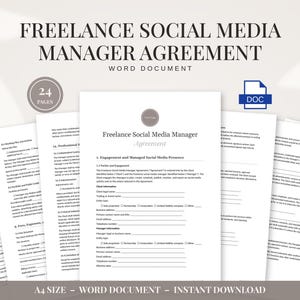 Könnte beinhalten: Ein 24-seitiger Freelance Social Media Manager Vertrag als Word-Dokument. Das Dokument besteht aus schwarzem Text auf weißem Papier und enthält Abschnitte für Kunden- und Managerinformationen sowie Vertragsbedingungen im A4-Format.