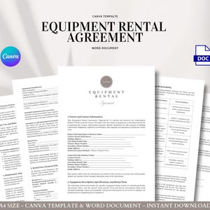 Equipment Rental Agreement Contract Template for Tool, Party, AV, and Machinery Hire, Editable in Canva and Word