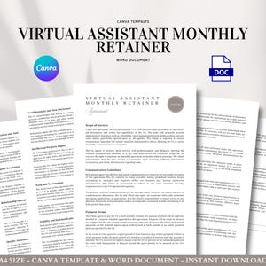 Virtual Assistant Monthly Retainer Editable Contract Client Agreement VA Services Template Admin Freelancer Document