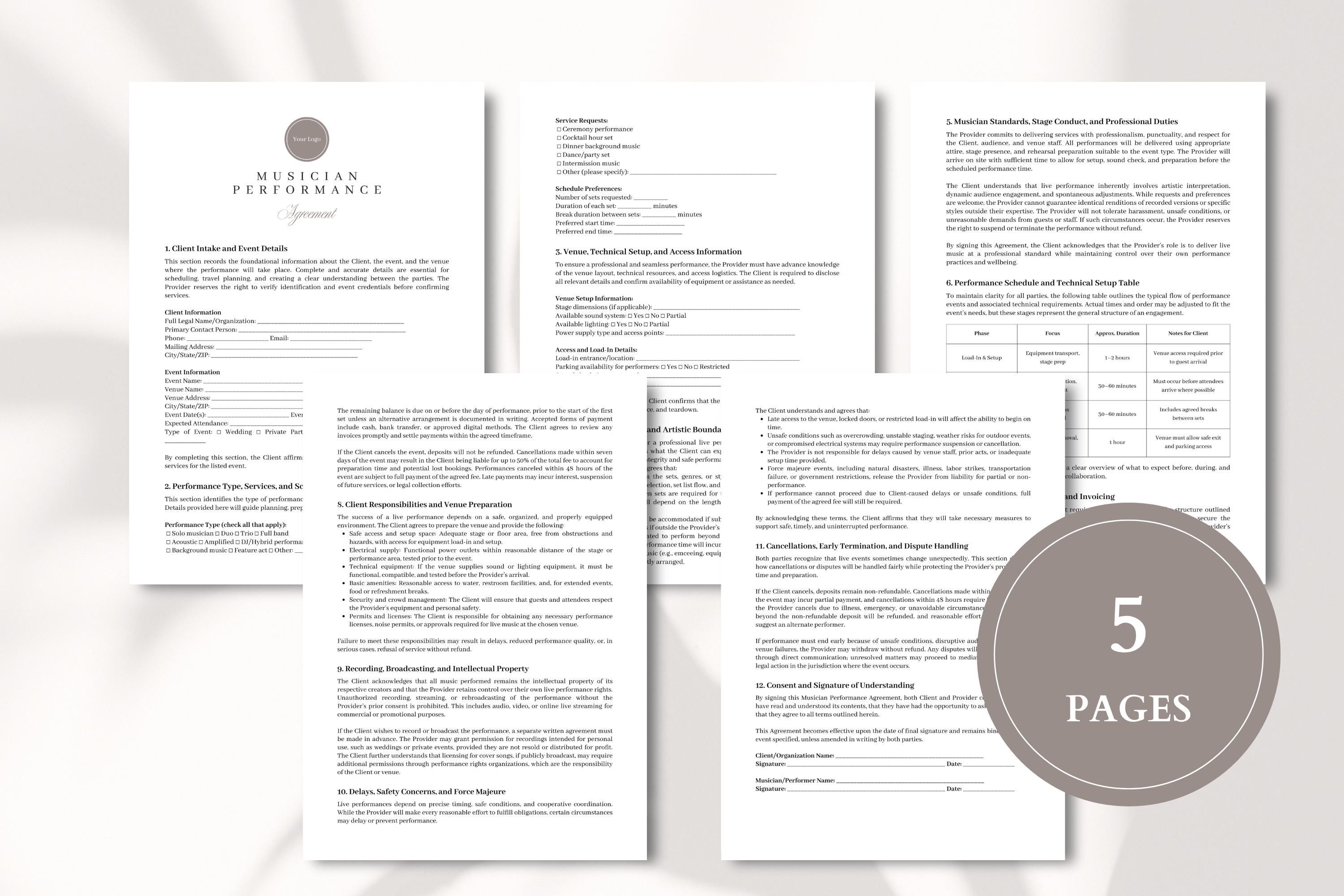 Musician Performance Agreement and Live Event Contract Template for ...