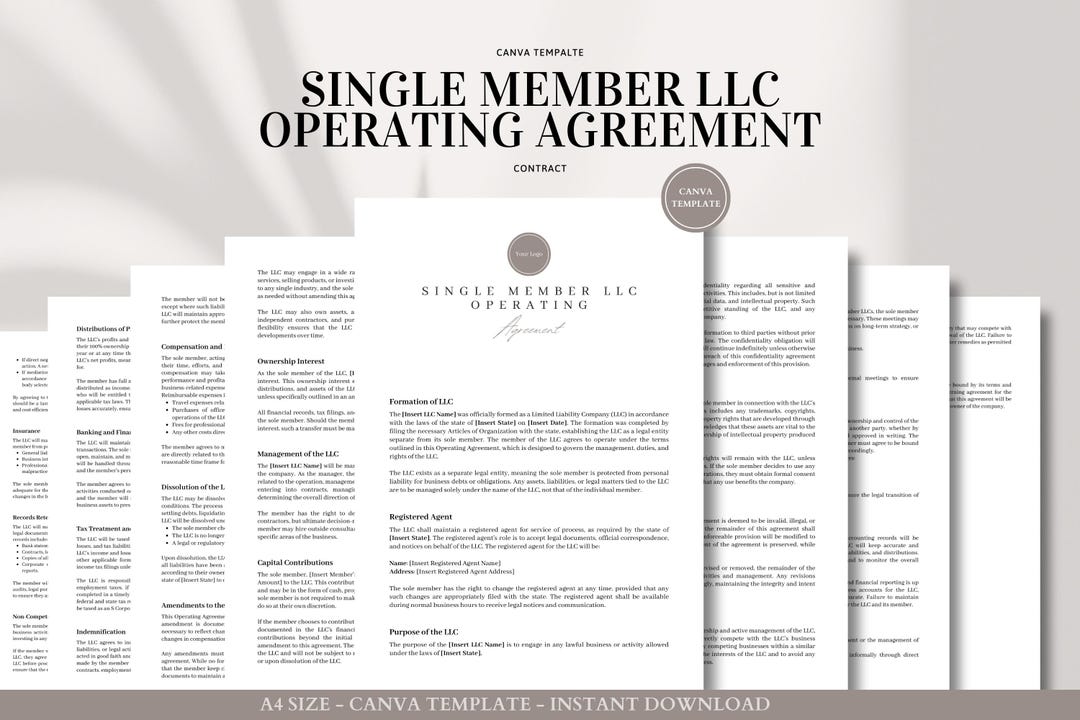 Single Member LLC Operating Agreement | Editable Canva Template for ...