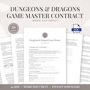 Può includere: Un contratto di 26 pagine per il Game Master di Dungeons & Dragons in formato documento Word A4. Il documento include sezioni per l'identificazione della campagna, la pianificazione delle sessioni, l'allocazione dei rischi e le politiche.