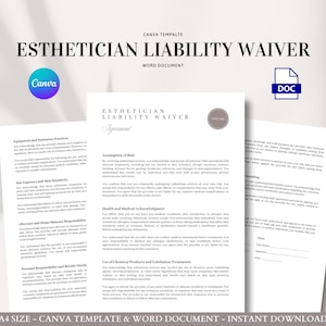 Esthetician Liability Waiver and Client Consent Form Editable Skincare Spa Facial Peel Treatment Agreement Template
