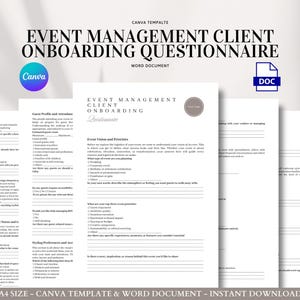 May include: A stack of white event planning questionnaires with the text "EVENT MANAGEMENT CLIENT ONBOARDING QUESTIONNAIRE" and a Canva logo. The document is a Word document template available for instant download.