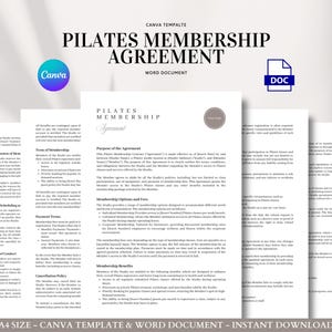 Pilates-lidmaatschapsovereenkomst Bewerkbare sjabloon studiocontract voor toegang tot les Betalingen en vrijstellingsvoorwaarden