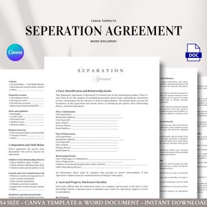 Modelo de contrato de acuerdo de separación para parejas, acuerdos matrimoniales, división de bienes, custodia de menores y manutención financiera.