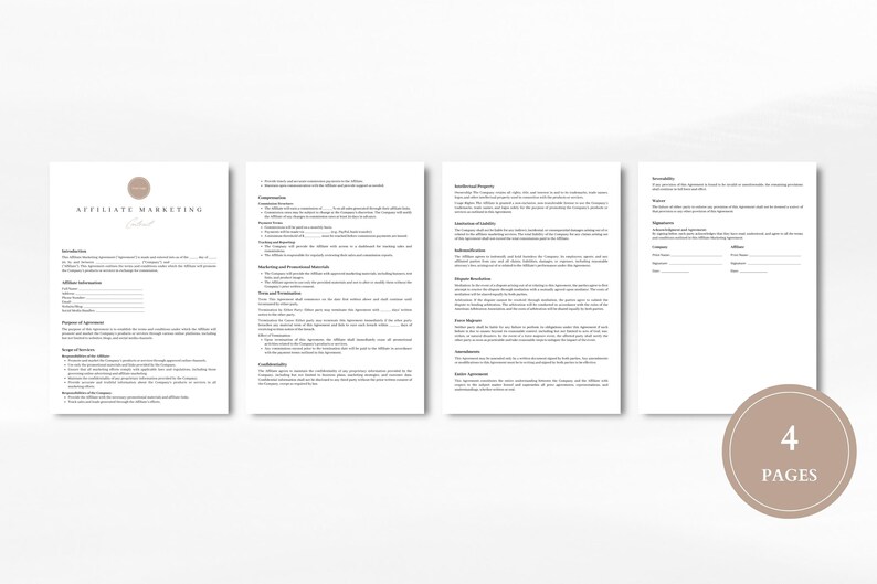 May include: Four-page document titled "Affiliate Marketing Checklist" with sections for "Introduction", "Compensation", "Intellectual Property", "Confidentiality", "Term and Termination", "Miscellaneous", and "Signatures".