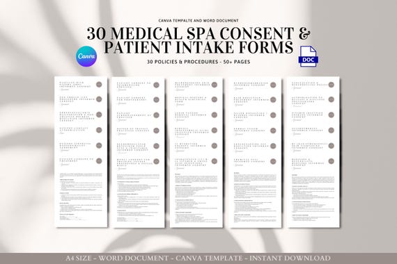 30 Editable Med Spa Consent & Intake Form Templates Word Doc Canva Patient Forms for Aesthetic Clinics, Injectables, Laser Facial Services