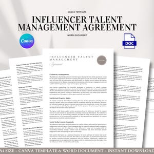 May include: A collection of white paper documents titled "Influencer Talent Management Agreement" in black text. The Canva logo is in the upper left corner. A blue DOC icon is in the upper right corner. The document is a Canva template.