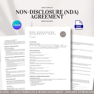 Non Disclosure Agreement Editable NDA Contract Template Confidentiality Form Business Document