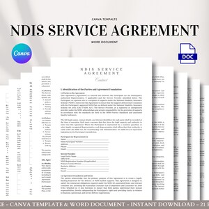 May include: A stack of white A4-sized documents with the title "NDIS SERVICE AGREEMENT" in a professional font. The Canva logo and a DOC icon are visible. The text includes "CANVA TEMPALTE" and "WORD DOCUMENT".
