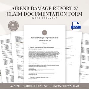 Pode incluir: Um formulário de relatório de danos e documentação de reclamação do Airbnb de 20 páginas em formato Word. O documento apresenta seções para identificação de propriedade, reserva e reclamação, impresso em papel A4 com títulos claros.