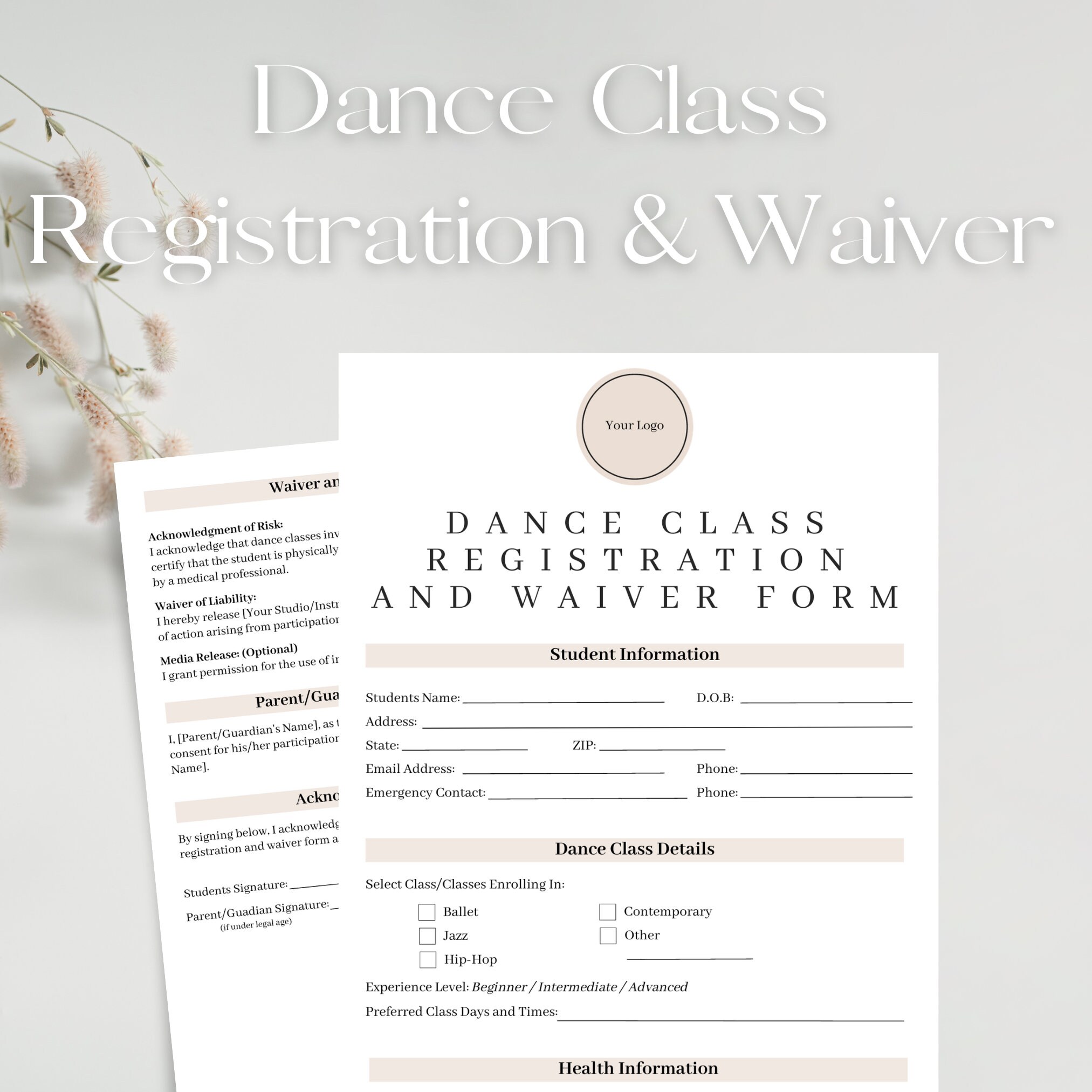 Dance Class Registration and Waiver Form Template Customizable Canva