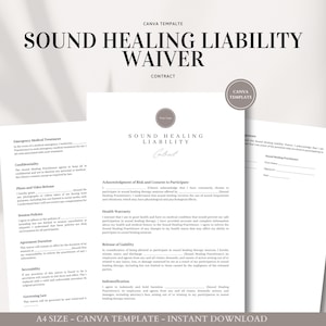 Puede incluir: Una plantilla de exención de responsabilidad para la sanación por sonido imprimible en un estilo minimalista con un esquema de color gris y blanco. El texto incluye "Exención de responsabilidad para la sanación por sonido" y "Contrato".