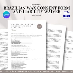 Brazilian Wax Consent Form and Liability Waiver Template for Salons Spa Canva and Word Client Intake and Risk Disclosure