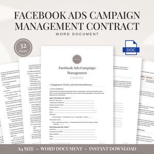 Può includere: Un contratto di gestione di campagne pubblicitarie Facebook di 32 pagine in formato documento Word. Il documento presenta sezioni per l'impegno, le parti e l'azienda, con righe per le informazioni, il tutto in formato A4.
