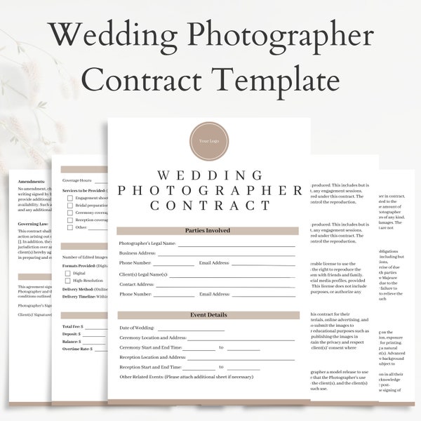 Wedding Photographer Contract Template - Customizable & Professional - Edit in Canva Digital Download