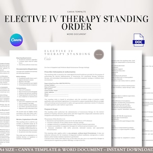 May include: A collection of white A4 paper documents with the title "ELECTIVE IV THERAPY STANDING ORDER" in black text. The documents contain detailed text, a Canva logo, and a DOC file icon. The background is light grey.