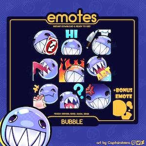 Pode incluir: Gráfico de arte digital com emotes em forma de bolha com várias expressões e adereços, incluindo um chapéu de chef, chamas e um ponto de interrogação. O texto "emotes" e "BUBBLE" são visíveis.