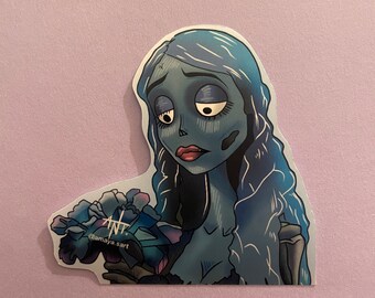 May include: A blue and white cartoon illustration of a woman with long blue hair holding a bouquet of blue flowers. The woman has a sad expression on her face. The illustration is signed "@amaya.art".