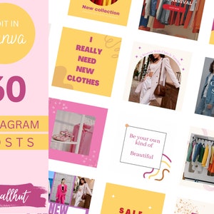 Può includere: Una collezione di 30 modelli di post Instagram per un negozio di abbigliamento. I modelli presentano una varietà di colori e design, tra cui rosa, giallo e bianco. Il testo sui modelli include frasi come "Nuova collezione", "Ho davvero bisogno di nuovi vestiti", "Ufficialmente esaurito" e "Sii il tuo tipo di bellezza".