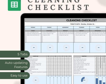 Puede incluir: Una plantilla de hoja de cálculo de Google Sheet para una lista de verificación de limpieza. La plantilla se divide en cinco pestañas: "Diario", "Mensual", "Trimestral", "Semestral" y "Anual". Cada pestaña tiene una lista de tareas de limpieza que se deben completar en un horario específico. La plantilla también incluye una barra de progreso para realizar un seguimiento de la finalización de cada tarea.
