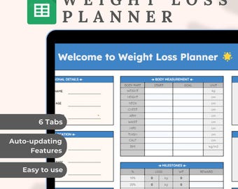 May include: A Google Sheet spreadsheet template for a weight loss planner. The template includes sections for personal details, body measurements, milestones, and a reward system. The template is designed to help users track their progress and stay motivated on their weight loss journey.