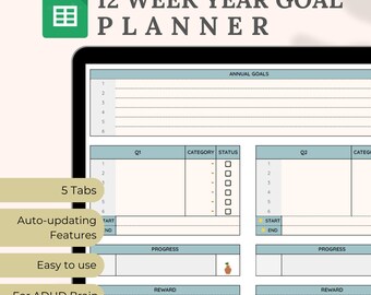12 weken jaarplanner Google Spreadsheets-sjabloon, 12 weken doelplanner-tracker, doelplanner-spreadsheet, wekelijkse doel-tracker-spreadsheet