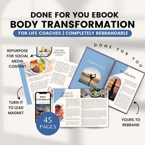 Könnte beinhalten: Ein blaues und violettes Ebook-Cover mit dem Titel "Done For You Ebook Body Transformation" und dem Untertitel "For Life Coaches | Completely Rebrandable". Das Cover zeigt Bilder einer Frau, die Yoga macht, eine Schüssel mit Obst und ein Telefon mit dem Text "Body Transformation". Das Ebook hat 45 Seiten.
