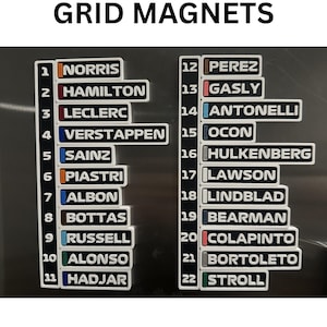 Könnte beinhalten: F1 2026 Saison Grid-Magnete mit vollständigen Nachnamen der Fahrer. Jeder Magnet zeigt eine Nummer und den Namen des Fahrers in einem rechteckigen Design. Der Text "F1 2026 SEASON GRID MAGNETS" und "FULL LAST NAME" sind ebenfalls sichtbar.