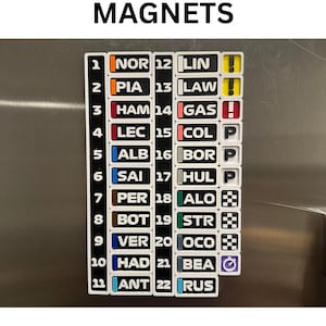 May include: F1 Grid Driver magnets for the 2026 season. Each magnet displays a driver's name, number, and team colours. The magnets are arranged in a grid, with the text "F1 GRID DRIVER MAGNETS" at the top.
