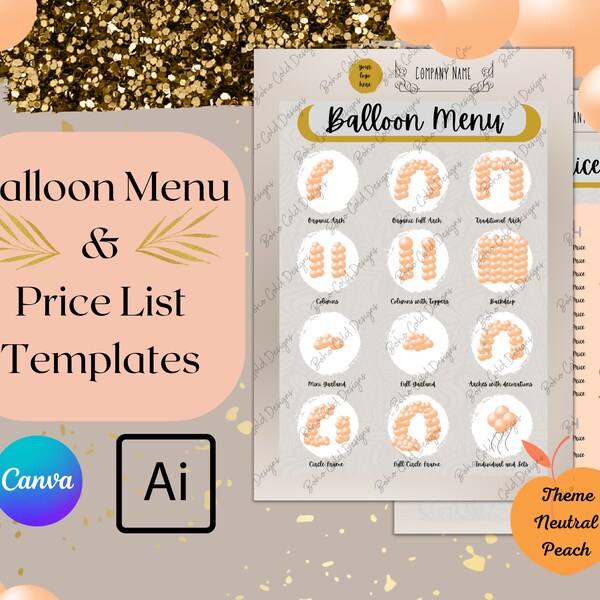 Menu d'artiste de ballon et modèle de liste de prix, modèle de ballon Canva personnalisable, graphiques de ballon Boho Peach pour les maquettes d'événements