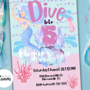 Dive into Five Birthday Invite, Fifth Birthday, Mermaid Invitation