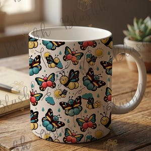 May include: A white ceramic mug with a black handle and the text "But First, Coffee" in a bold, black font. The mug is set against a blurred background, suggesting a cozy setting.