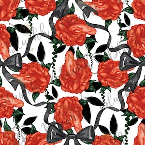 May include: A seamless pattern featuring watercolor-style red roses, black bows, and ribbons against a white background. The design includes black leaves and green vines, creating a floral and gothic aesthetic. The overall theme is romantic and elegant.