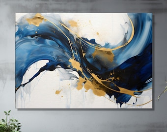 Blue and Gold Abstract Canvas Art: Modern Home Decor